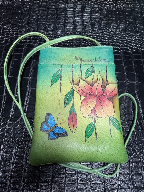 Anuschka Handbags - Anuschka Green Hand-Painted Floral & Butterfly Crossbody